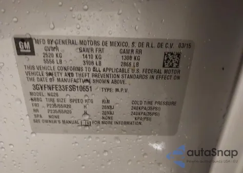 2015 Cadillac Srx Performance Collection z USA, uszkodzony, nr VIN 3GYFNFE33FS610651